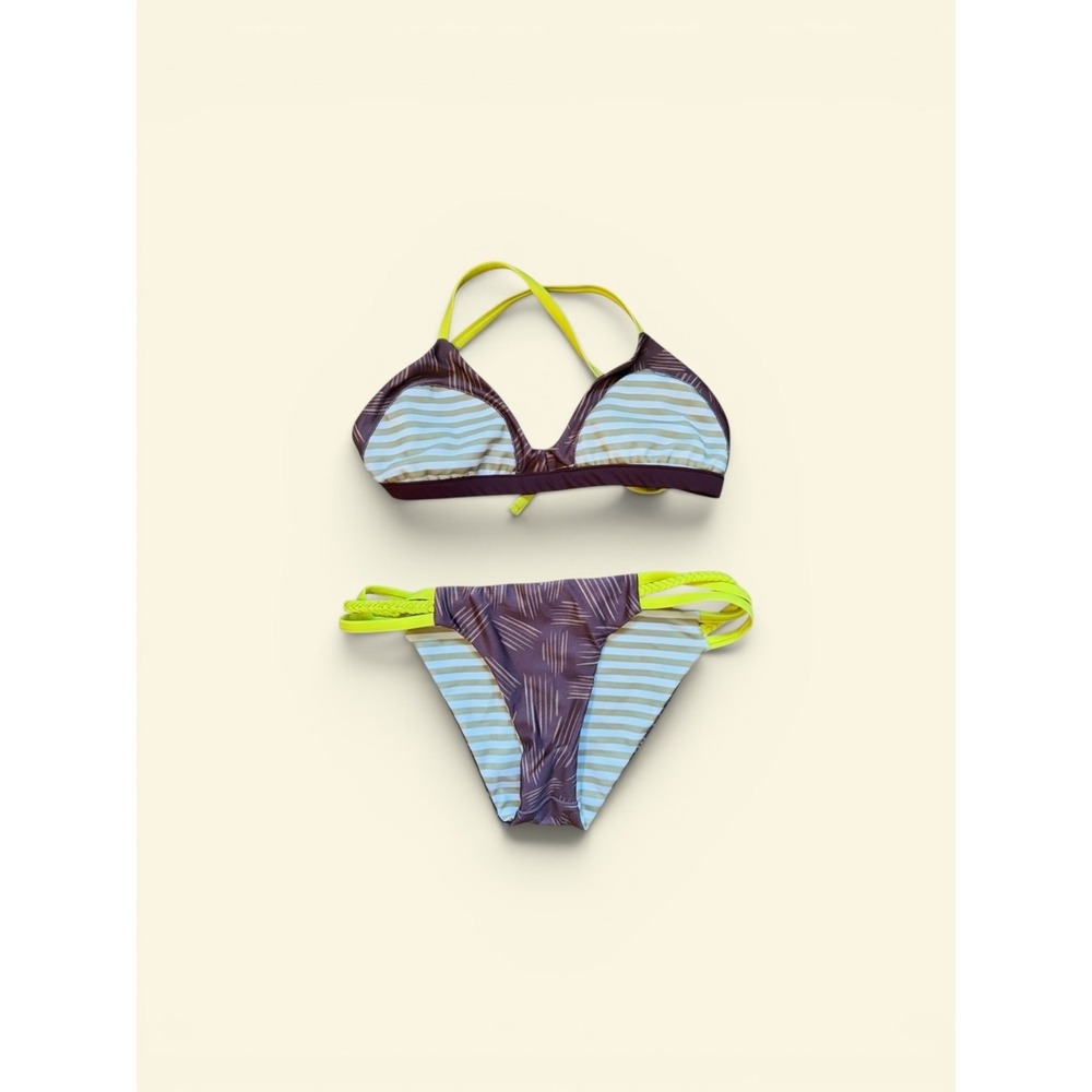 Seea |‎ Capitola Reversible Bikini Set Large Plum Lime Stripe Two Piece Swimsuit